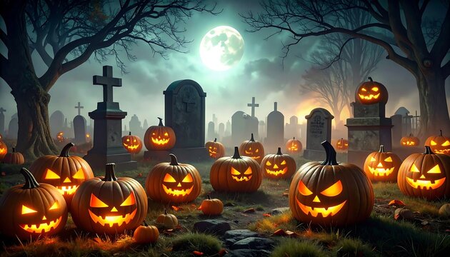 Halloween graveyard, pumpkins