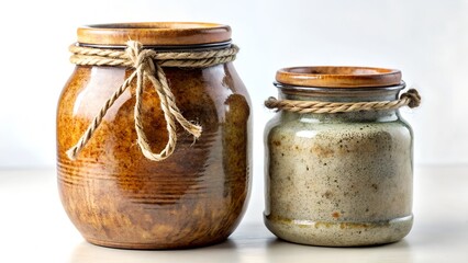 Two rustic pottery jars with rope detail