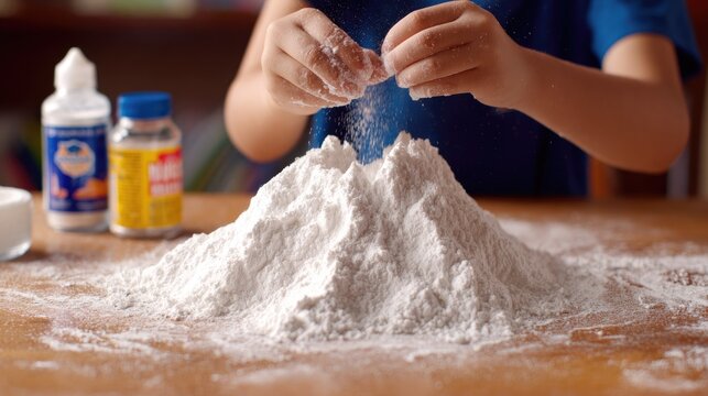 Child makes flour volcano