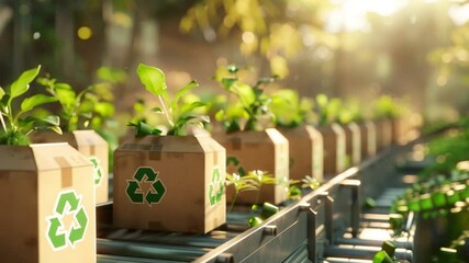 Recycled boxes with young plants on a conveyor belt - Powered by Adobe