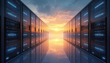 Rows of glowing server racks create digital corridor leading toward sunset reflected on water. Scene transformative power of cloud computing, infrastructure modernization. Vibrant sky, reflective