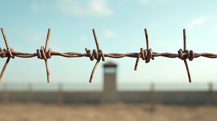 Fototapeta premium Barbed wire barrier against a pale blue sky. Securing the perimeter of a facility with its rusty metal. Implying confinement and security.