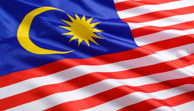 Malaysian flag with 14 red and white stripes, blue canton, yellow crescent and star