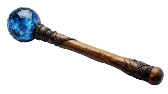 Mystical energy staff with radiant blue gemstone top and ancient wooden texture for fantasy storytelling on transparent background
