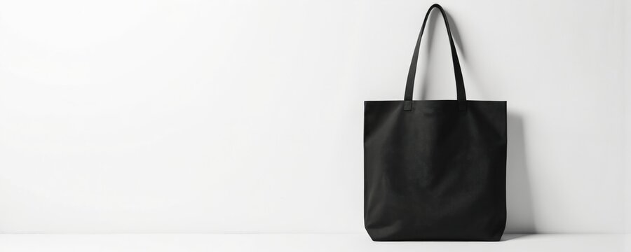 Minimalist black canvas tote bag mockup on white background. Reusable accessory serves as versatile template for fashion, shopping. Eco-friendly, recyclable design makes popular choice for branding,