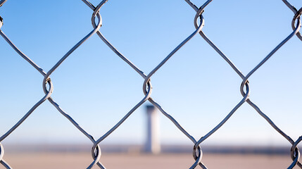 Fototapeta premium Chain link fence against a blue sky. In the distance, a blurred structure rises from a flat landscape, creating a sense of separation and mystery.