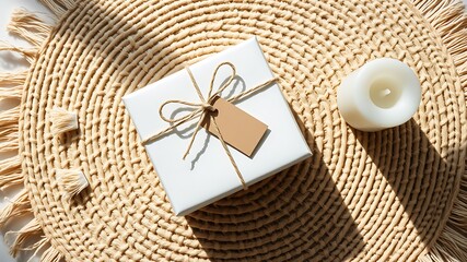 White gift box with brown tag and candle on woven mat present