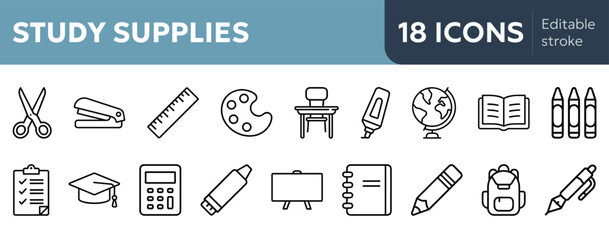  study supplies icons include scissors, stapler, ruler, paint palette