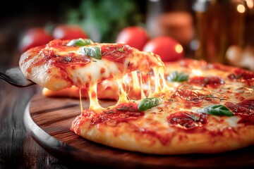 Delicious pizza slice with stretching cheese on wooden board