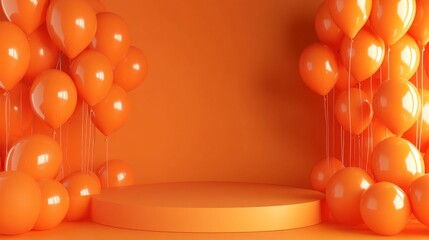 A podium with orange balloons on orange ballons