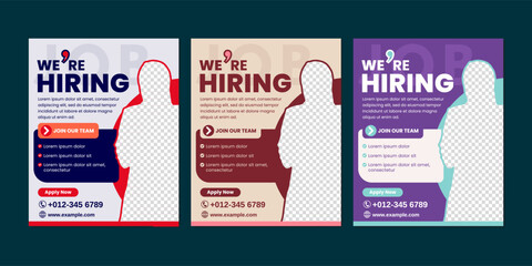 Professional “We’re Hiring” poster templates in modern style, perfect for job advertisements, recruitment posts, and HR promotions. Fully editable for your company’s branding.