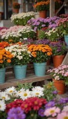 Vibrant floral display on wooden market shelves. Pots filled with blooming daisy, aster flowers in shades of orange, white, purple, pink, red. Gardening, horticulture, decor, spring, retail.