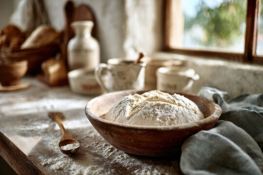 dough in wooden bowl on floured rustic kitchen table near window, with ceramic jars, flour spoon and linen towel, cozy farmhouse baking scene for homestead core and cottage cooking brands