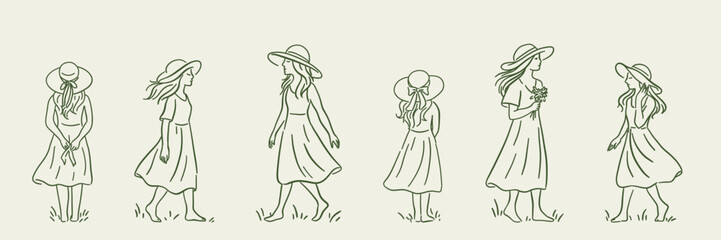 Hand drawn doodle set of doodle girl in different poses and angles in light summer dress and hat.  Vector sketch on soft background.