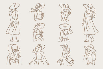 Hand drawn doodle set of doodle girl in different poses and angles in light summer dress and hat.  Vector sketch on soft background.