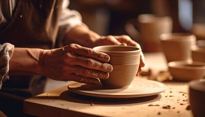 Hands shaping clay cup on pottery wheel