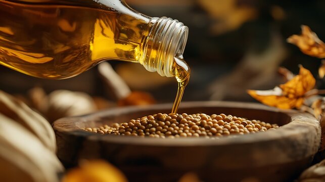 Close-up of mustard oil bottle with pouring spout, fresh mustard seeds and dry leaves in frame
