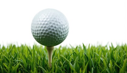 Golf ball positioned on tee in rich green grass. Extreme closeup captures dimpled texture of white ball ready for play. Clean white background emphasizes object focus, perfect for sport marketing