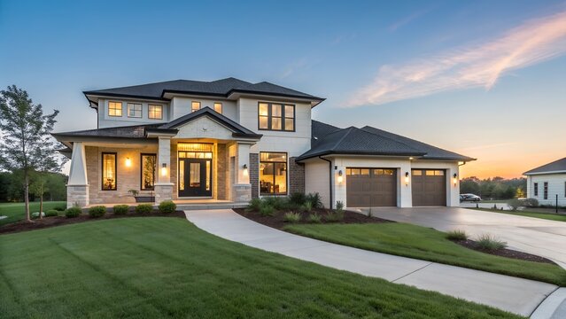 Wide Angle Shot of a Big white beautiful house in the suburbs