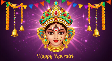 Traditional Navratri celebration background with divine goddess face ornate golden jewelry glowing festive lights marigold garlands hanging bells and colorful flags