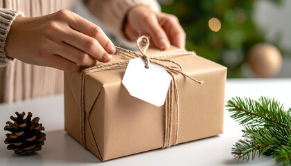 Hands tying a kraft paper gift box