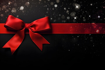 A striking red ribbon elegantly decorates a gift, surrounded by shimmering confetti on a dark background
