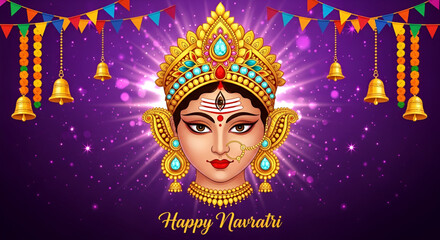 Traditional Navratri celebration background with divine goddess face ornate golden jewelry glowing festive lights marigold garlands hanging bells and colorful flags