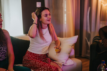 A cheerful young woman sits with friends during a festive indoor gathering, enjoying beverages.