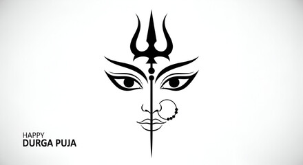 Navratri Durga goddess face line art with trishul minimal black ink style illustration on white background symbolizing Hindu India festival celebration spirituality