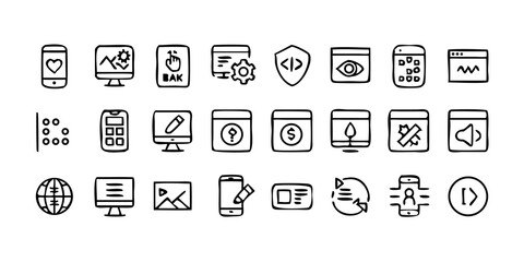  A line-style set of digital marketing web icons. Social media, networking, feedback, communication, marketing, and e-commerce. Vector illustrations.