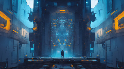 Symmetrical underground chamber with cyberpunk lights and concrete walls, sci-fi