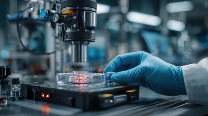 Fototapeta premium Scientist Concentrating on Microscope in Laboratory Environment with Research Materials Surrounding Them