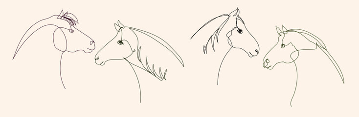 Elegant set of continuous one line horse portraits. Minimalist outline drawings on beige background, perfect for wall art, prints, branding, packaging, and modern dec