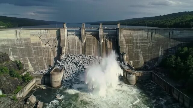 Aerial view of a huge concrete dam breaking and unleashing a flood.