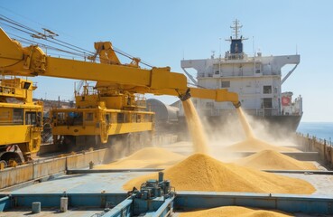 Massive yellow cranes load golden grain into sea cargo vessel holds at busy seaport. Automatic lines transfer bulk wheat from storage silos to large dry cargo ship for export. Maritime business