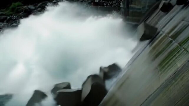 Powerful stream of water with debris breaking a concrete dam spillway.