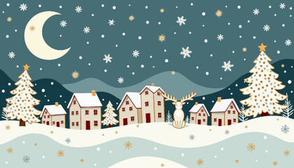Fototapeta premium Winter village landscape with houses, trees, and snow at night 