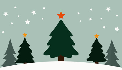 Obraz premium Christmas trees with stars in winter landscape with snowfall 