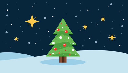 Obraz premium Cartoon Christmas tree with ornaments in snowy landscape at night 