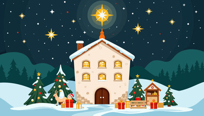 Fototapeta premium Cozy house with Christmas decorations under starry night sky 
