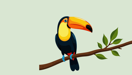 Naklejka premium Colorful toucan sitting on a branch with green leaves 