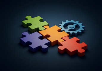 Interlocking puzzle pieces and a gear, symbolizing teamwork, mechanics, and problem-solving.