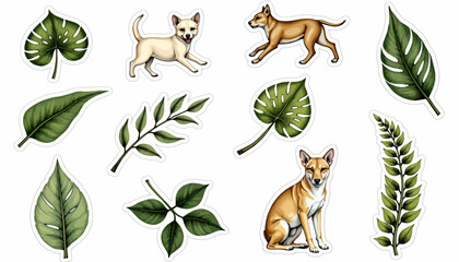 Dog and leaves in botanical illustration style with green colors  