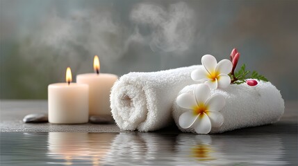 Luxurious Spa Setting with White Rolled Towels, Candles, and Plumeria Flowers