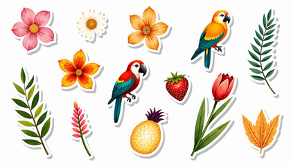 Colorful tropical flowers and parrots illustrated on white background  