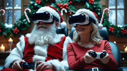 Santa Claus and Mrs. Claus using virtual reality headsets, blending holiday tradition with modern technology in a fun, futuristic twist