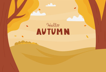 Autumn background with fall landscape and lettering. Vector illustration with foliage, seasonal nature scene for banner or postcard