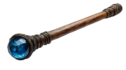 Sorcerer’s enchanted blue gem-topped wand with realistic bark texture perfect for roleplaying assets on transparent background