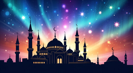 Beautiful mosque silhouette under colorful glowing night sky filled with stars and lights celebrating Eid al Fitr Eid al Adha Ramadan Al Hijra Ashura and Eid e Milad moments