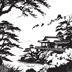 Obraz premium Full view of A highly detailed, Black and white, intricate vector engrave drawing of a japanese landscape,